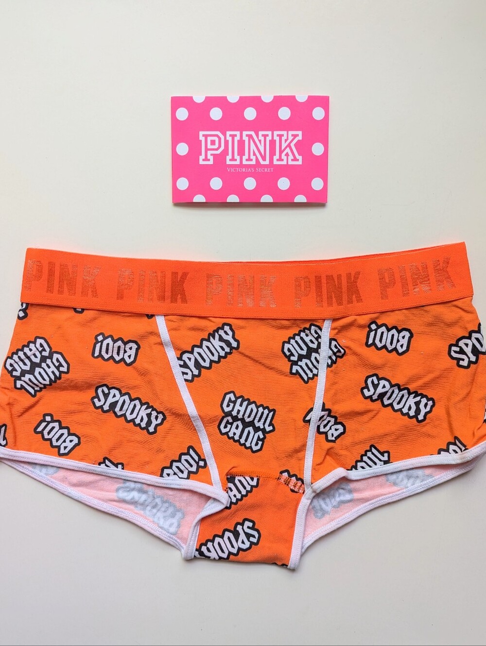 VS Pink Medium Logo Waist Boyshorts Panties Halloween Print Boo Orange Spooky